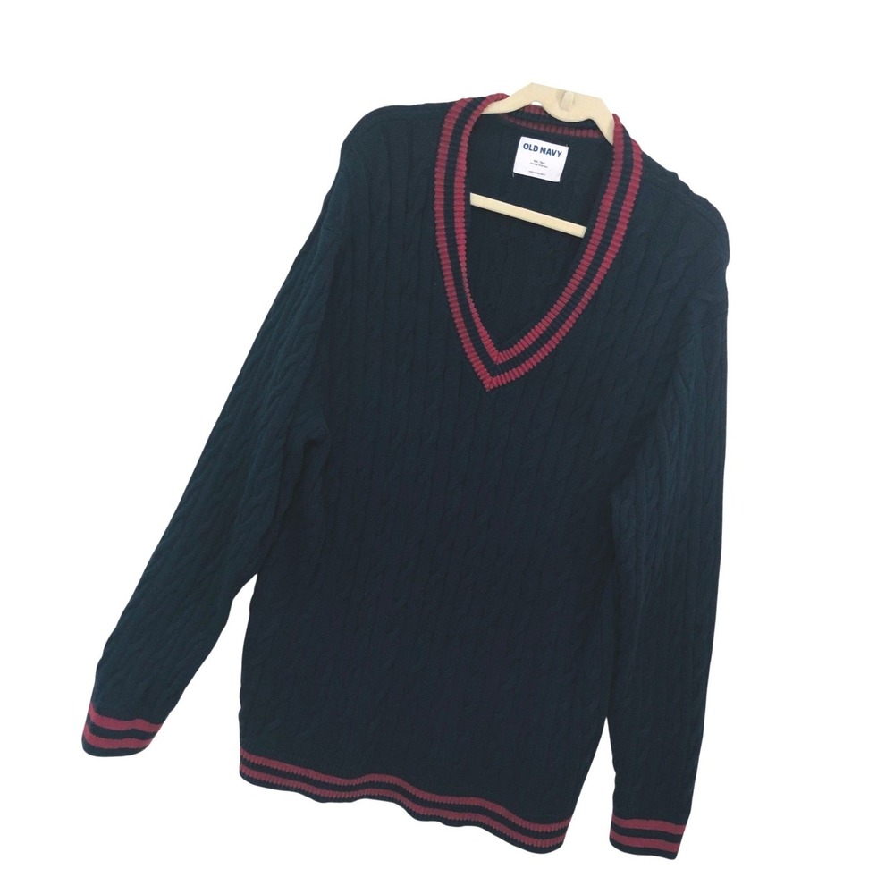 Old Navy Mens XXL Tall Cable Knit Tennis Sweater Varsity Preppy Navy Burgundy